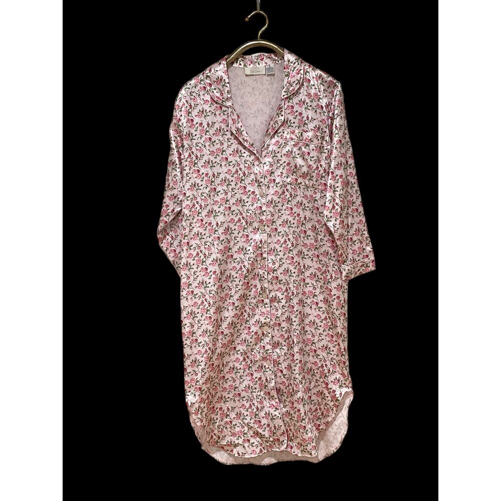 Today Tonight Pink Floral Satin Cuddleskin Button Front Nightgown M